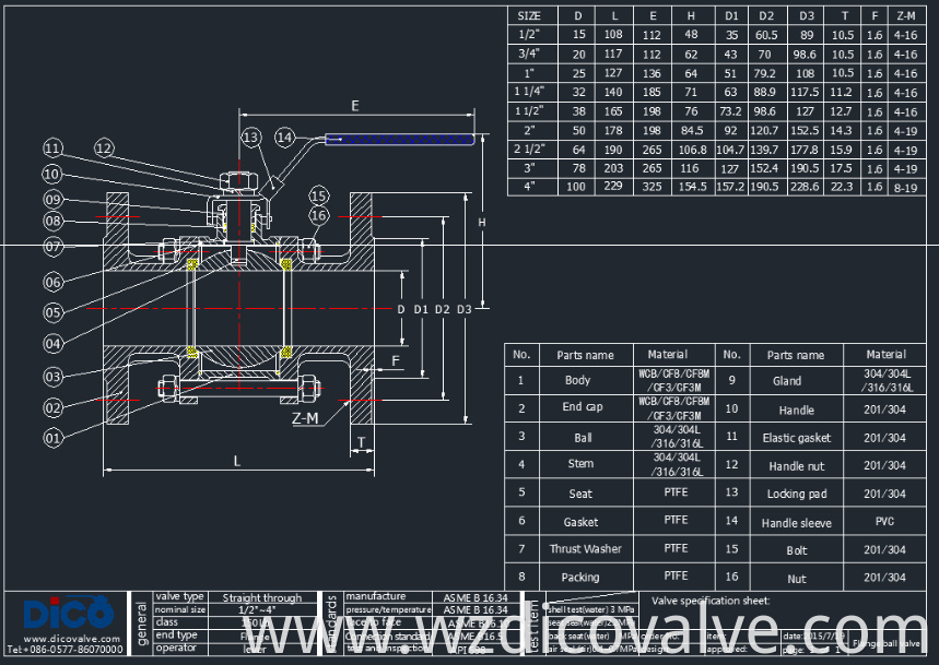 DICO Brand SS CF8 304 Acero inoxidable SS316 Válvula de bola flotante con brida 3pc con palanca operada